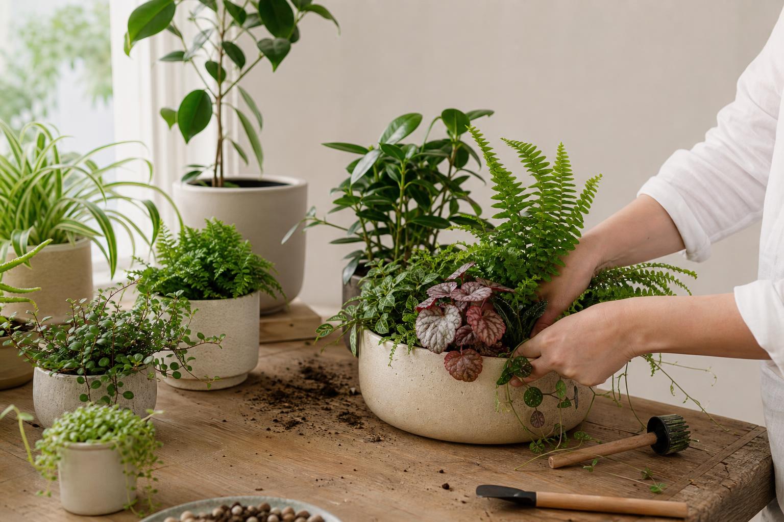 Naturalna kompozycja roślin doniczkowych w ceramicznej donicy z kamieniami i korą – wygenerowane przez AI - Ilustracja artykułu. 