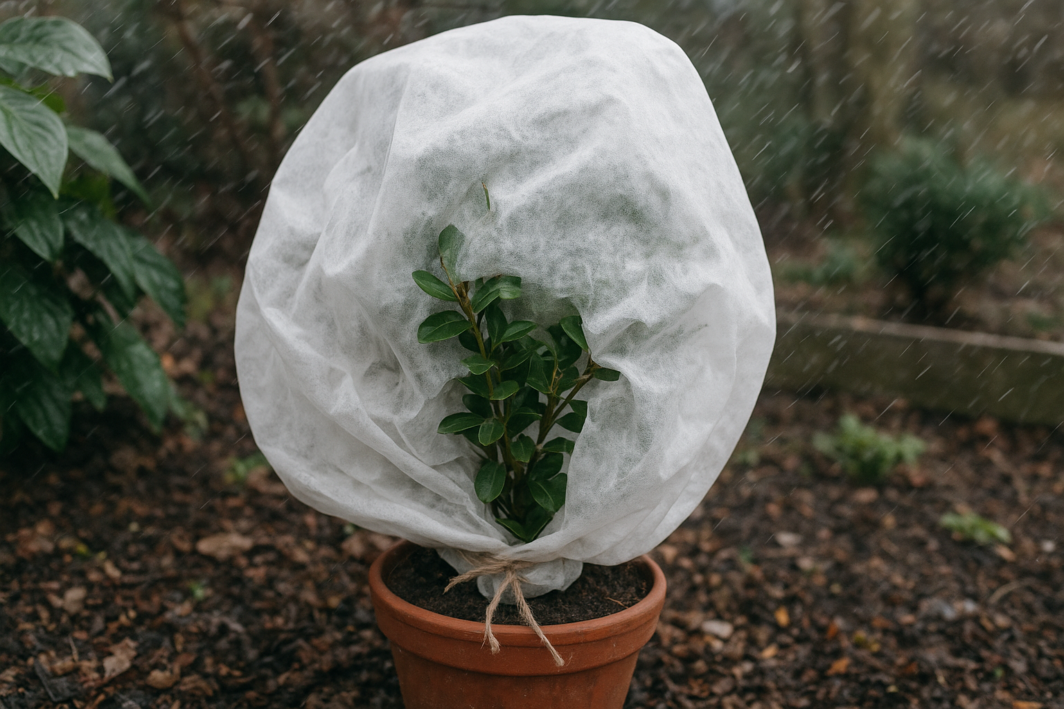 Zabezpieczone rośliny doniczkowe na parapecie przed zimnym przeciągiem, zimowa sceneria za oknem. – ilustracja artykułu