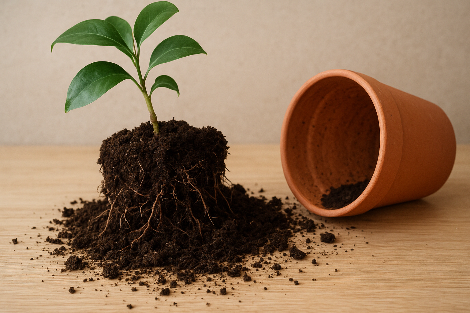 Zbliżenie na roślinę doniczkową z wysypującą się ziemią i widocznymi korzeniami na parapecie – ilustracja artykułu