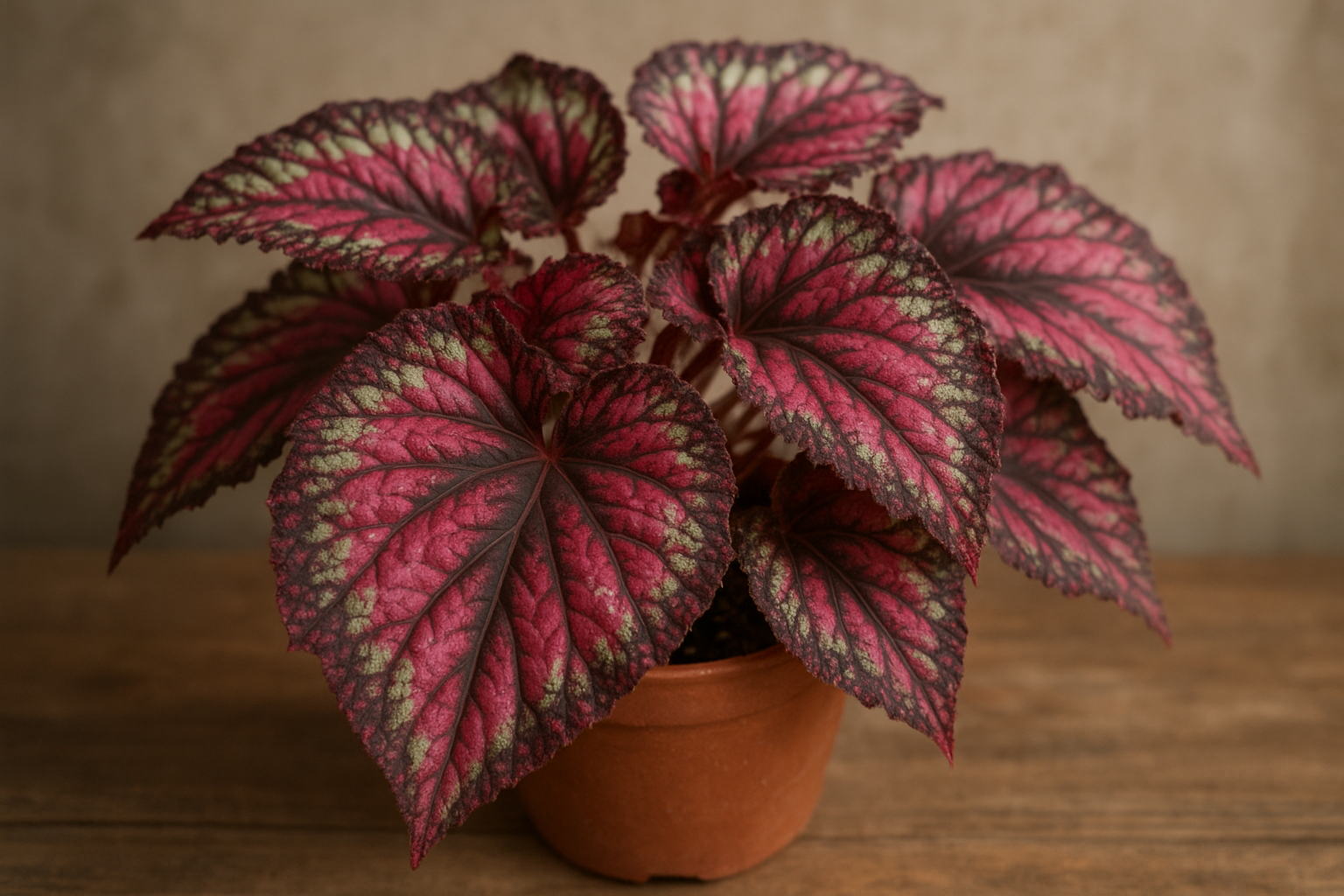 Zbliżenie na kolorowe, ozdobne liście Begonii Rex w domowym wnętrzu – ilustracja artykułu