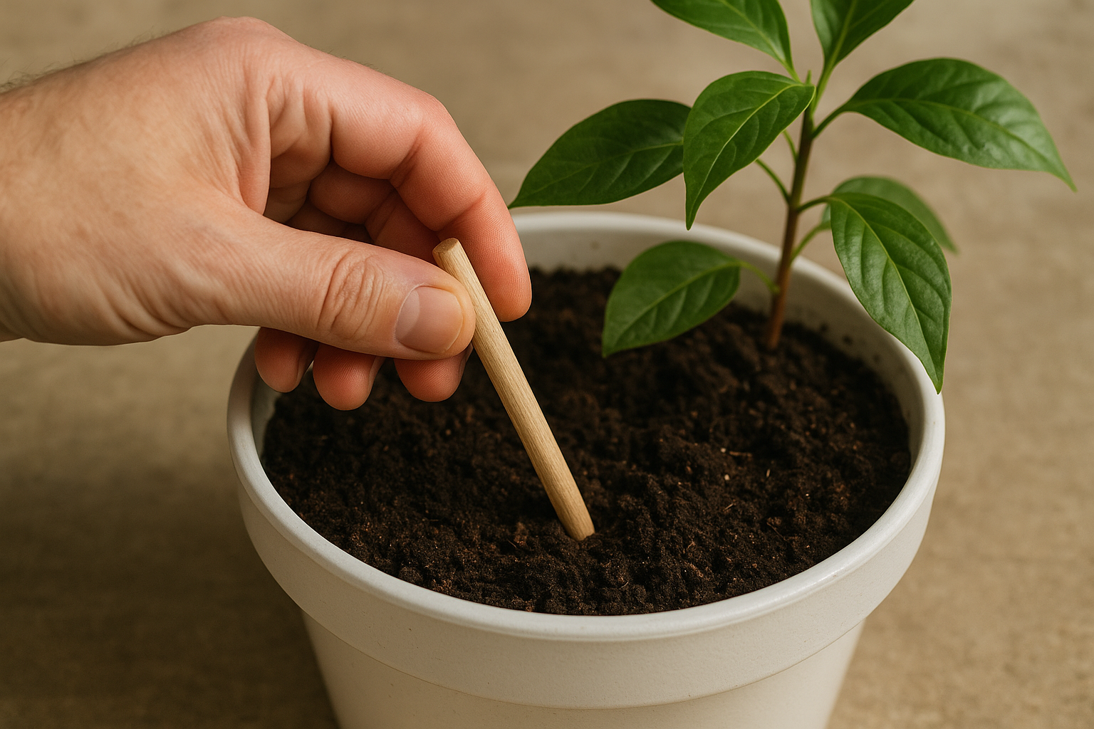 Sprawdzanie wilgotności podłoża w doniczce palcem, zdrowe rośliny w domu – ilustracja artykułu