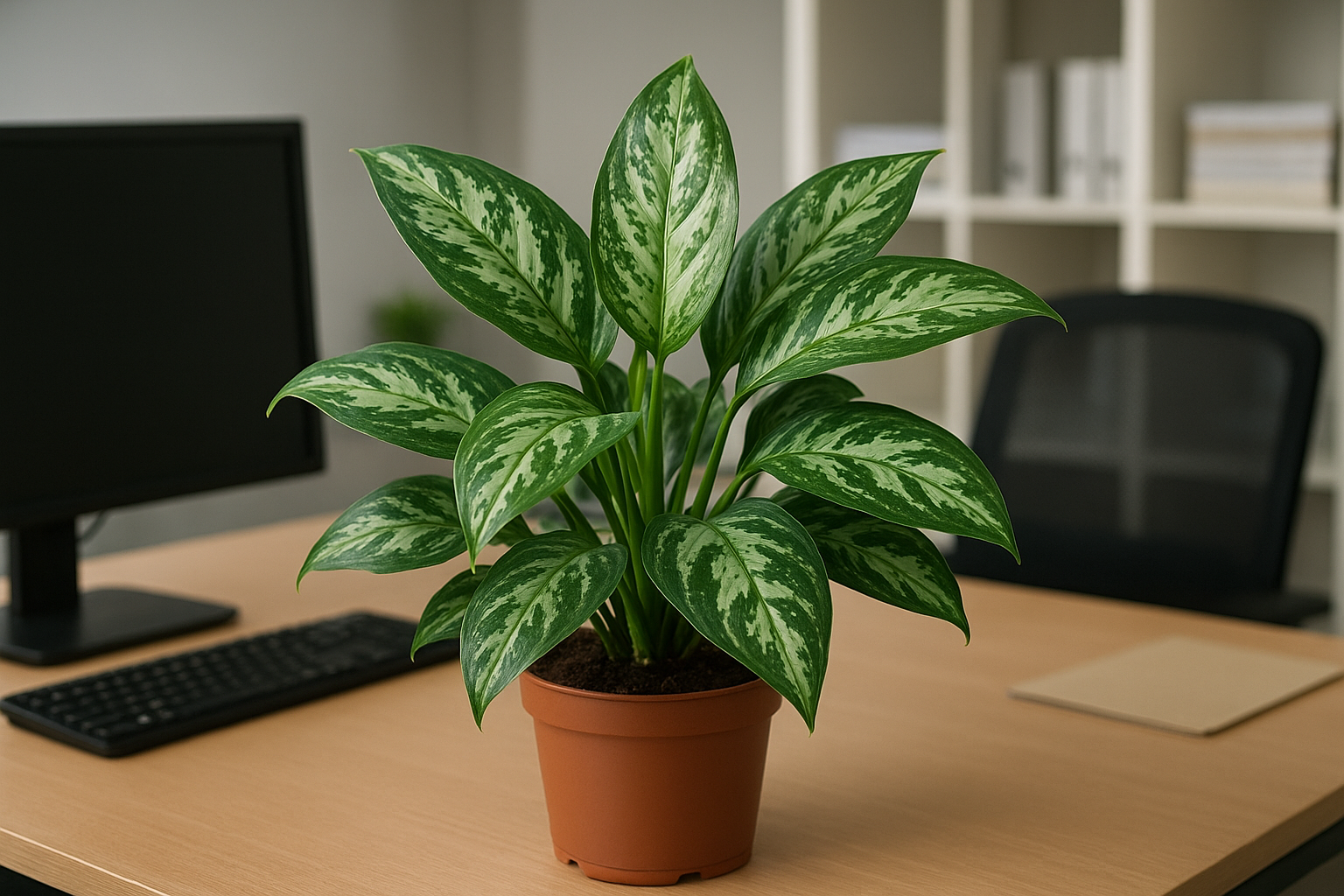 Aglaonema w nowoczesnym biurze – elegancka roślina do cienia w dekoracyjnej doniczce – ilustracja artykułu