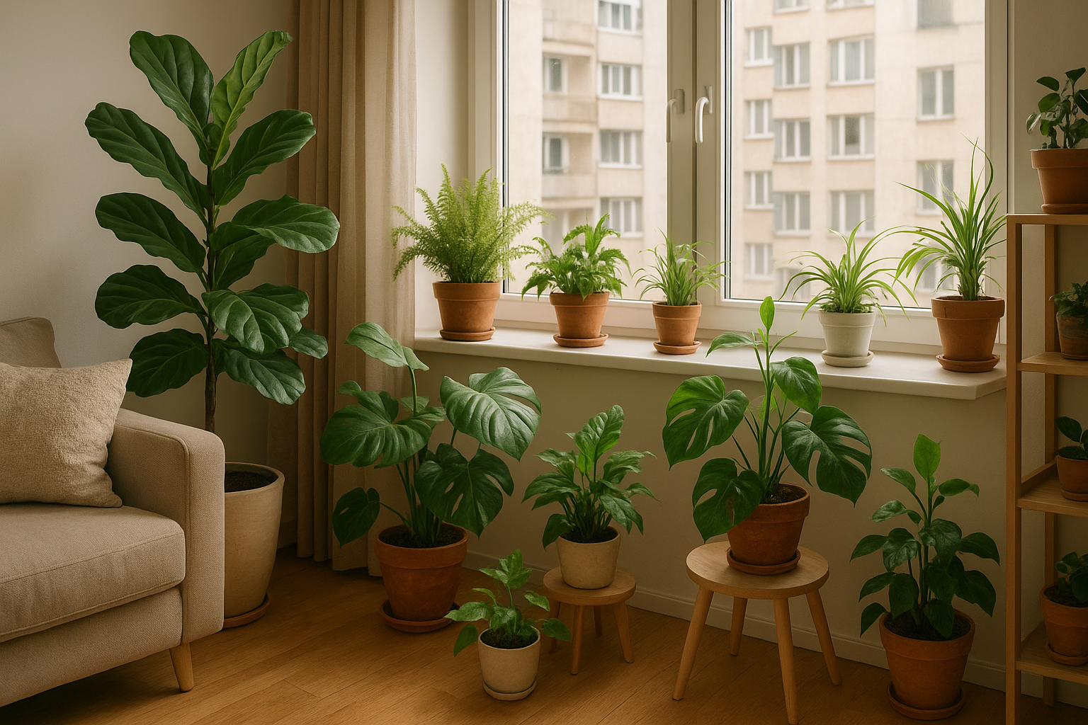 Idealne warunki dla roślin doniczkowych w mieszkaniu w bloku – jasne wnętrze z zielenią – ilustracja artykułu