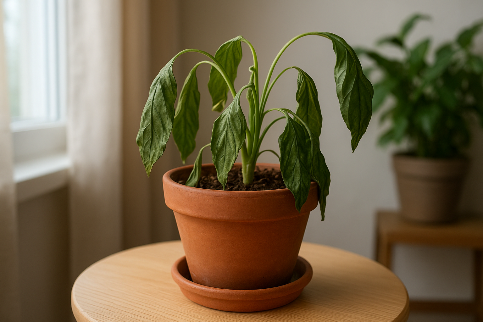 Oklapnięta roślina po zmianie doniczki z zwiędniętymi liśćmi w jasnym, domowym wnętrzu – ilustracja artykułu