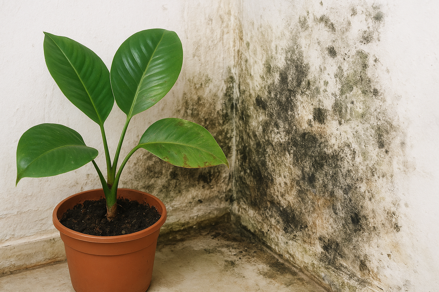 Pleśń na ziemi w doniczce z rośliną w wilgotnym mieszkaniu – ilustracja artykułu