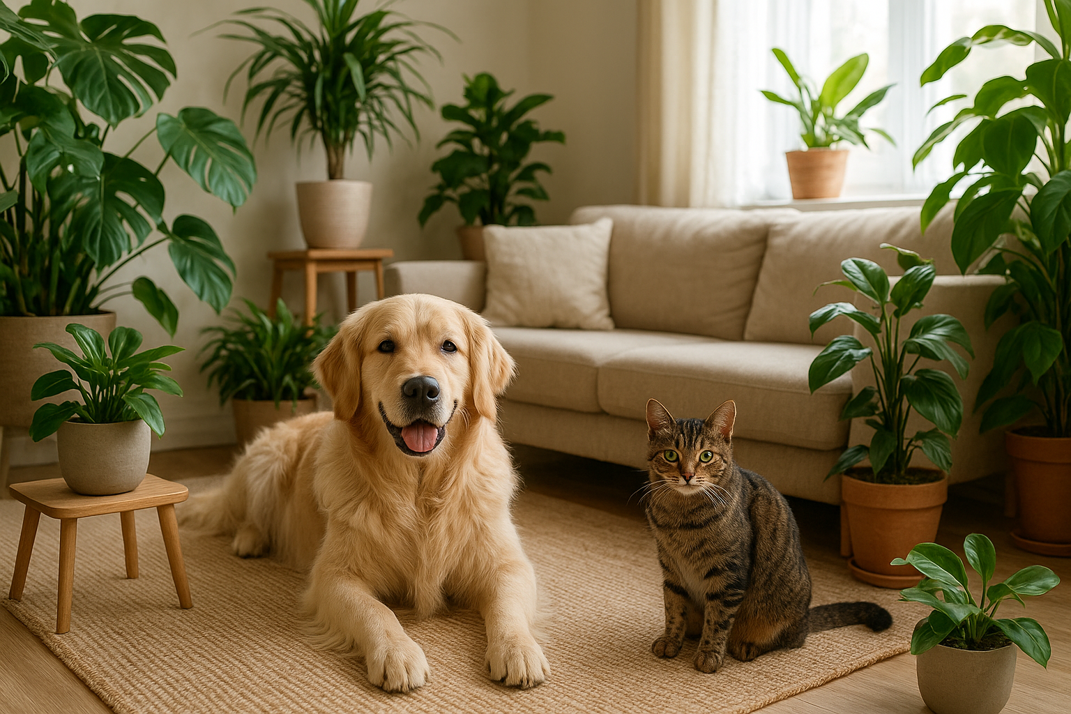 Przyjazny dom z roślinami doniczkowymi i zwierzętami – kot i pies wśród bezpiecznych roślin. – ilustracja artykułu
