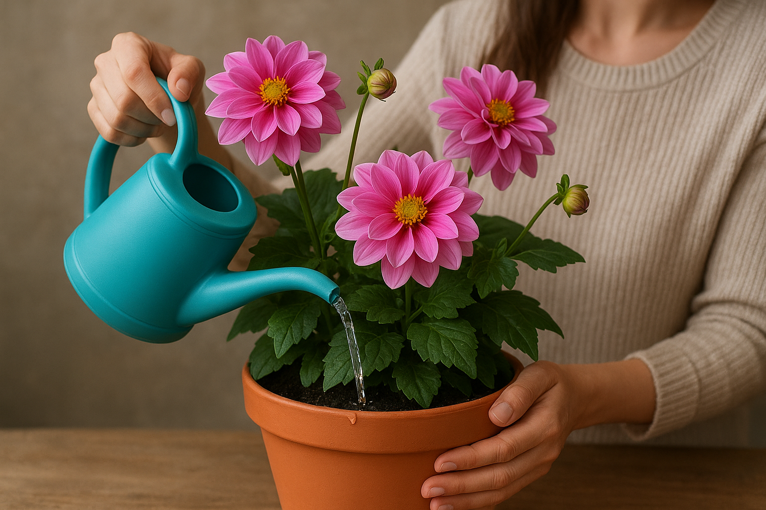 Zdrowe kwitnące rośliny doniczkowe na parapecie w jasnym wnętrzu, obok akcesoria do pielęgnacji – ilustracja artykułu