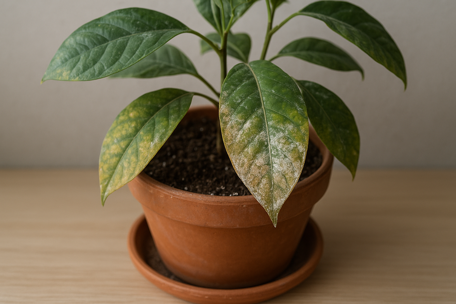 Biały osad na ziemi w doniczce i zasuszone liście – objawy zasolenia twardą wodą u rośliny domowej – ilustracja artykułu