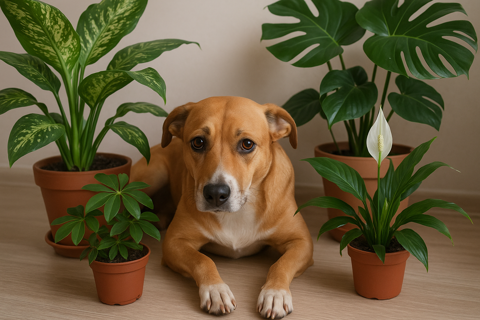 Pies w domu obok roślin doniczkowych z oznaczeniem roślin toksycznych dla psów – ilustracja artykułu
