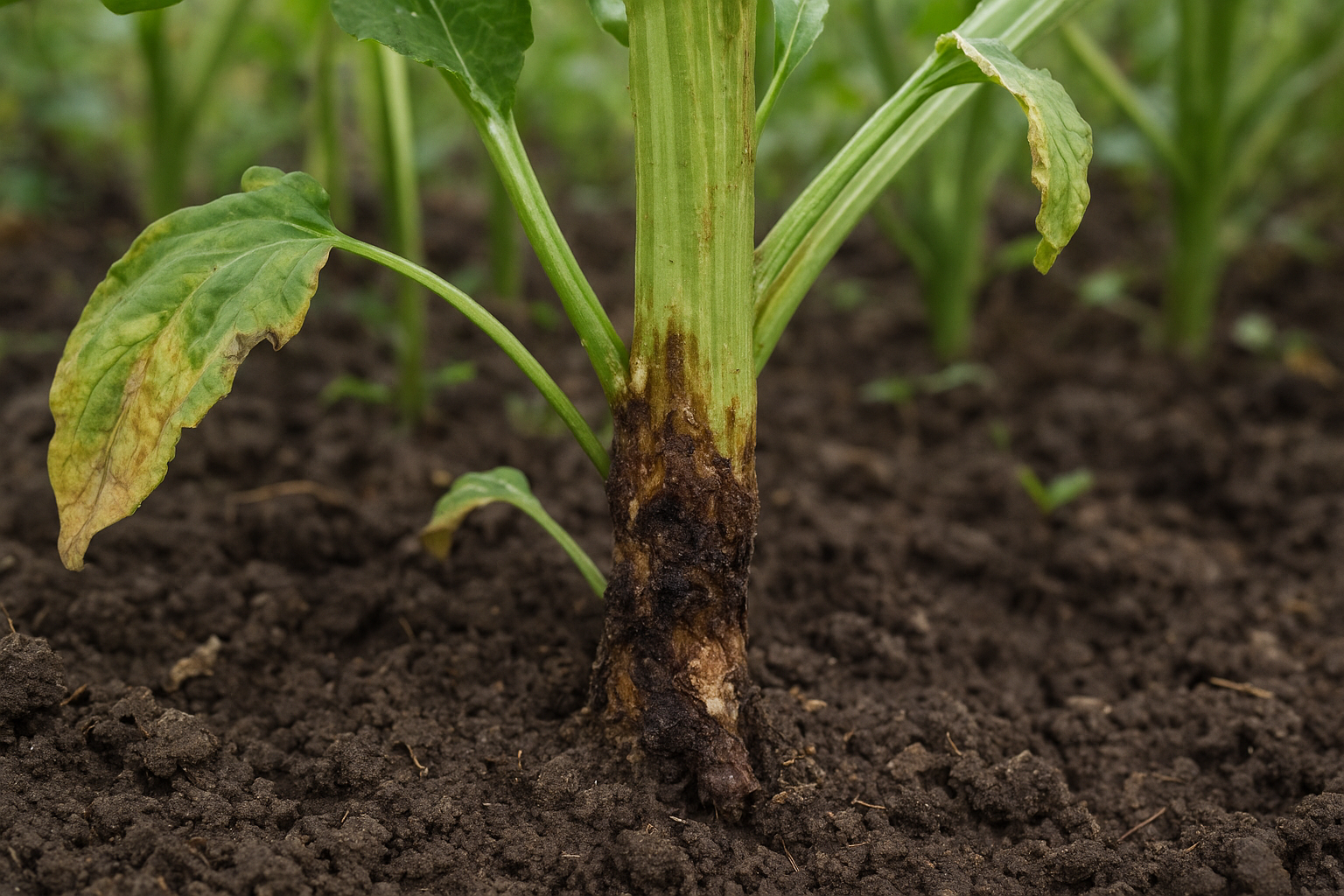 Zgniła łodyga rośliny doniczkowej z objawami ciemnienia i śluzowatości w ziemi – ilustracja artykułu