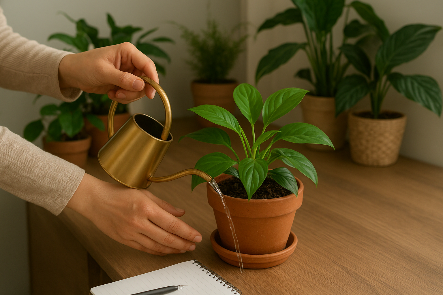 Osoba sprawdzająca wilgotność ziemi roślin doniczkowych i zapisująca harmonogram podlewania, zielone rośliny na parapecie. – ilustracja artykułu