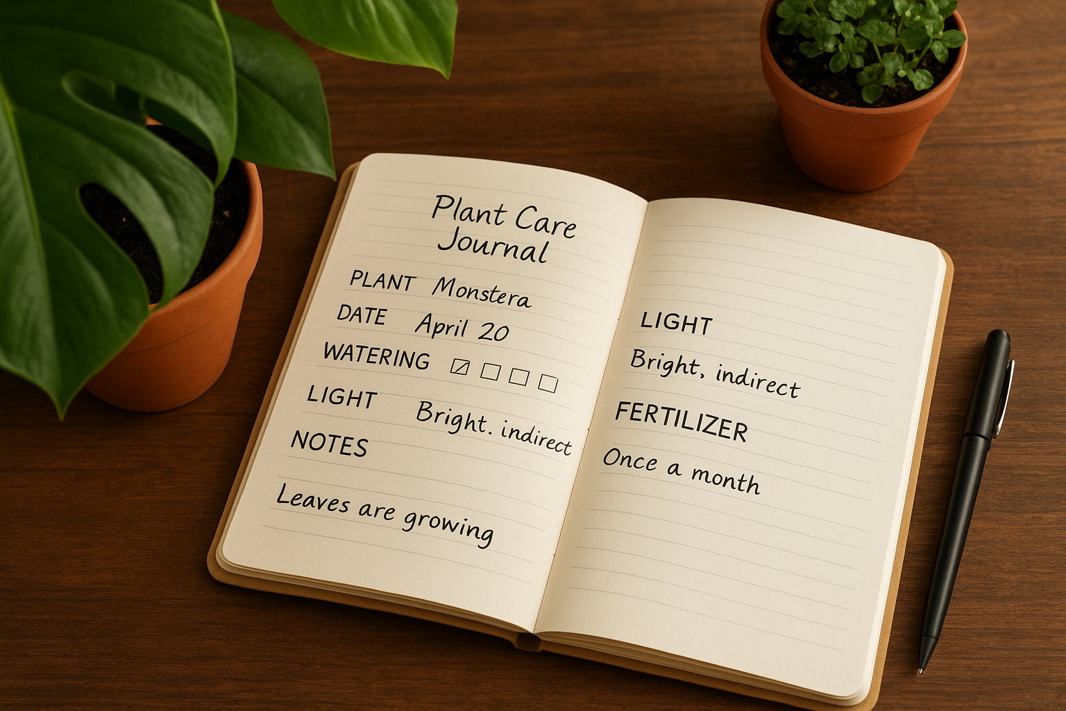 Dziennik pielęgnacji roślin obok doniczkowych roślin na stole, długopis i kubek z herbatą. – ilustracja artykułu
