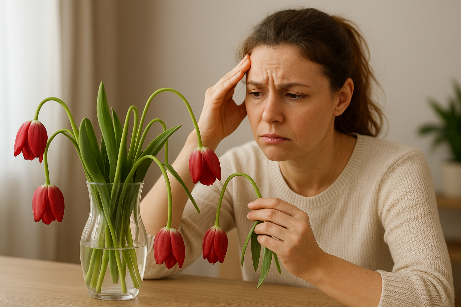 Roślina doniczkowa z opadłymi kwiatami na podłożu w domowym wnętrzu – ilustracja artykułu