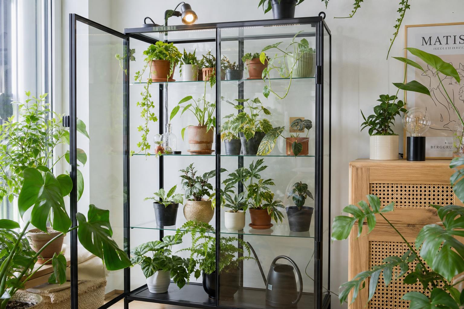Roślinny regał typu greenhouse cabinet IKEA z oświetleniem LED i tropikalnymi roślinami – wygenerowane przez AI - Ilustracja artykułu. 