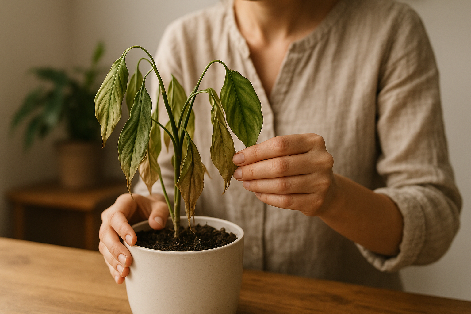 Przesuszona roślina doniczkowa po wakacjach – zeschnięta ziemia i więdnące liście na parapecie – ilustracja artykułu