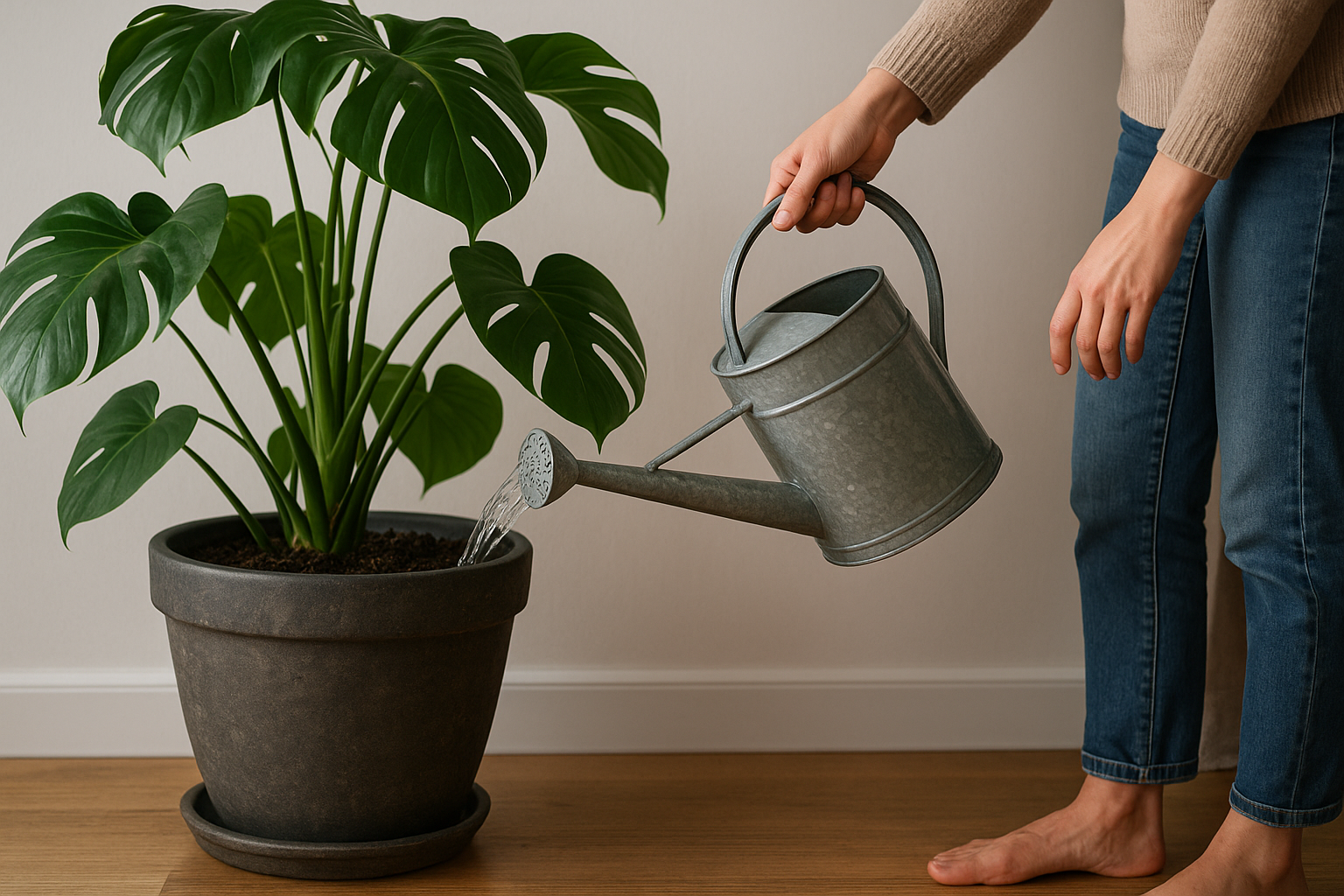 Podlewanie dużej rośliny doniczkowej w ciężkiej ceramicznej donicy w jasnym salonie – ilustracja artykułu