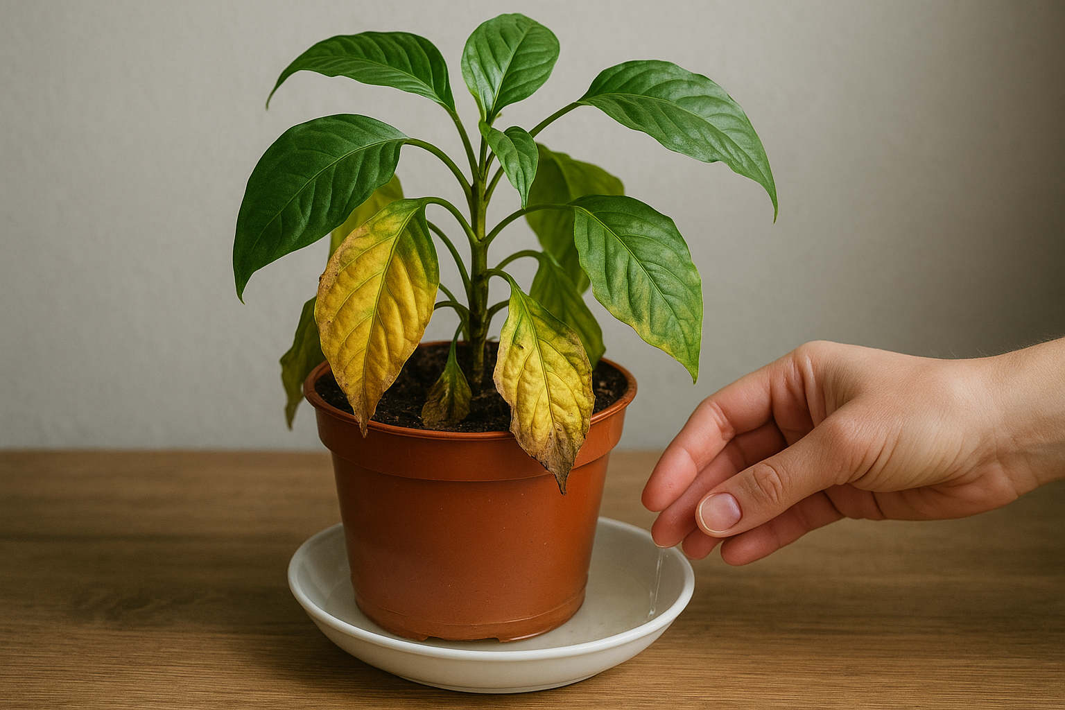 Przelana roślina doniczkowa z widocznymi żółtymi liśćmi i wilgotnymi korzeniami podczas ratowania – ilustracja artykułu