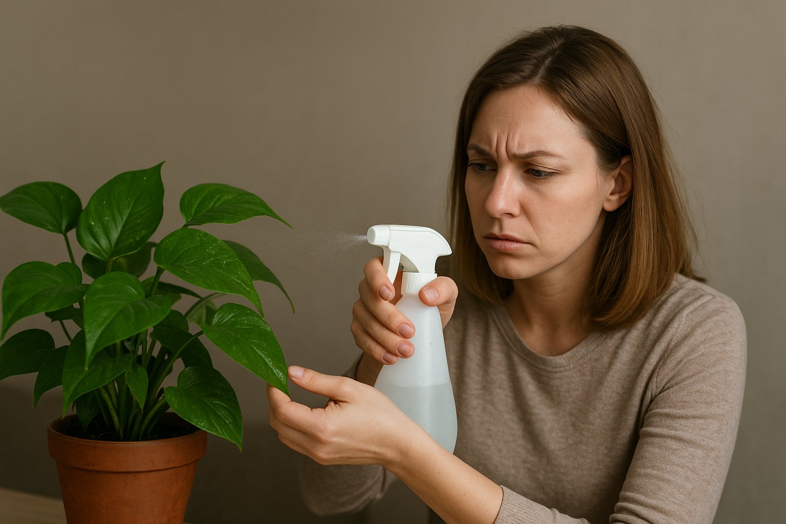 Delikatne spryskiwanie liści doniczkowej rośliny wodą w domowym wnętrzu – ilustracja artykułu