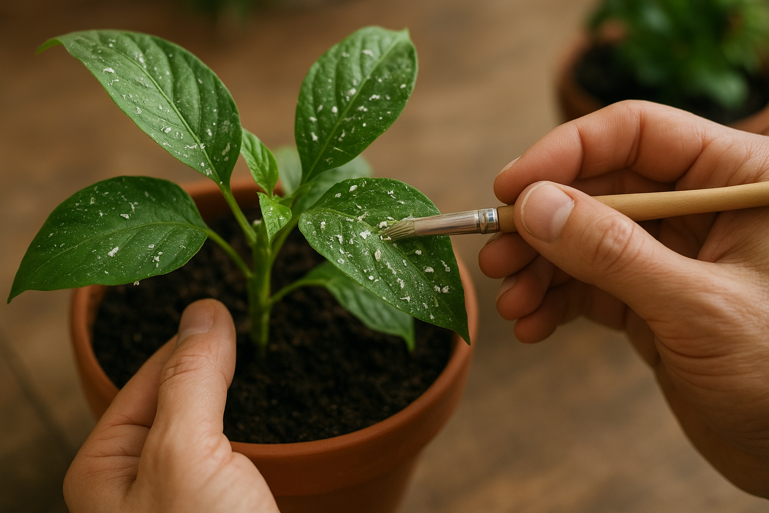 Liść rośliny zaatakowanej przez mączliki z widocznymi białymi owadami. – ilustracja artykułu