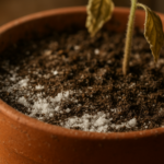 Biały osad soli na powierzchni ziemi w doniczce – objaw zasolenia podłoża.