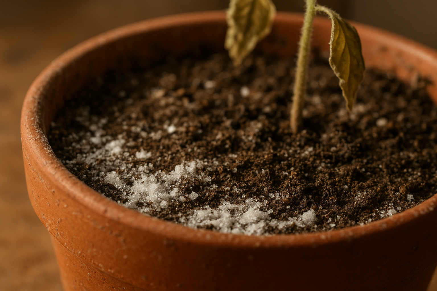 Biały osad soli na powierzchni ziemi w doniczce – objaw zasolenia podłoża.