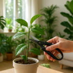Przycinanie roślin doniczkowych w jasnym salonie – zdrowe, bujne liście i czyste narzędzia ogrodnicze