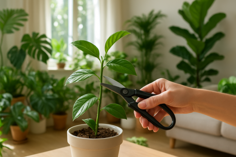 Przycinanie roślin doniczkowych w jasnym salonie – zdrowe, bujne liście i czyste narzędzia ogrodnicze