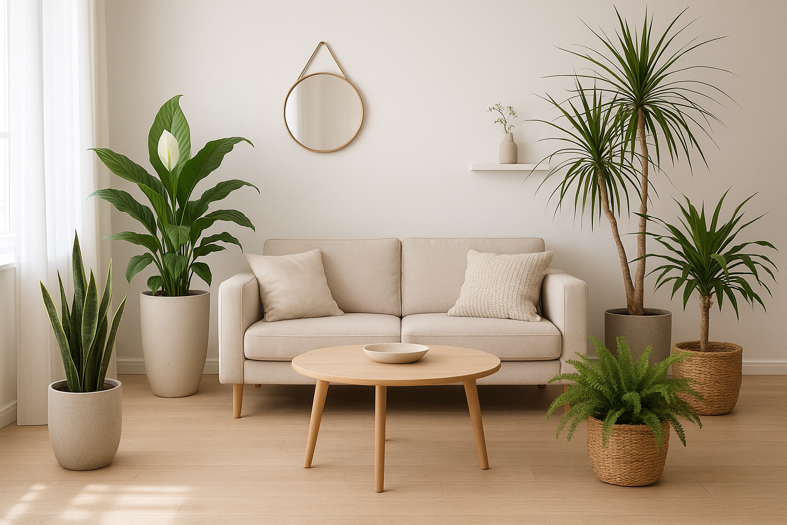 Nowoczesny salon z roślinami oczyszczającymi powietrze: skrzydłokwiat, sansewieria i paproć w stylowych doniczkach