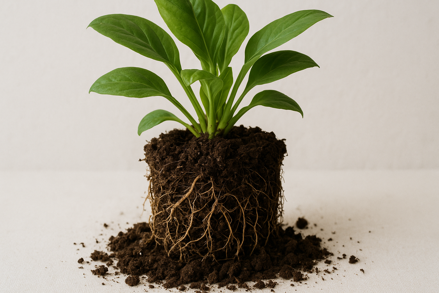 Roślina doniczkowa z rozbudowaną bryłą korzeniową przed przesadzeniem