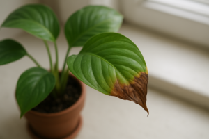 Brązowe końcówki liści rośliny doniczkowej na tle okna