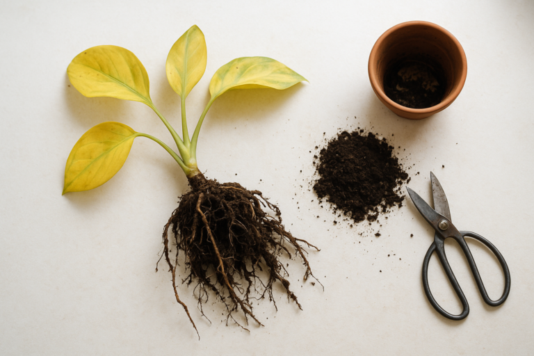 Przelana roślina doniczkowa z widocznymi żółtymi liśćmi i wilgotnymi korzeniami podczas ratowania