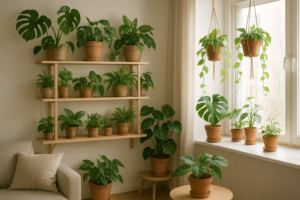 Mini dżungla w małym mieszkaniu – aranżacja z bujnymi roślinami doniczkowymi na półkach i w wiszących donicach