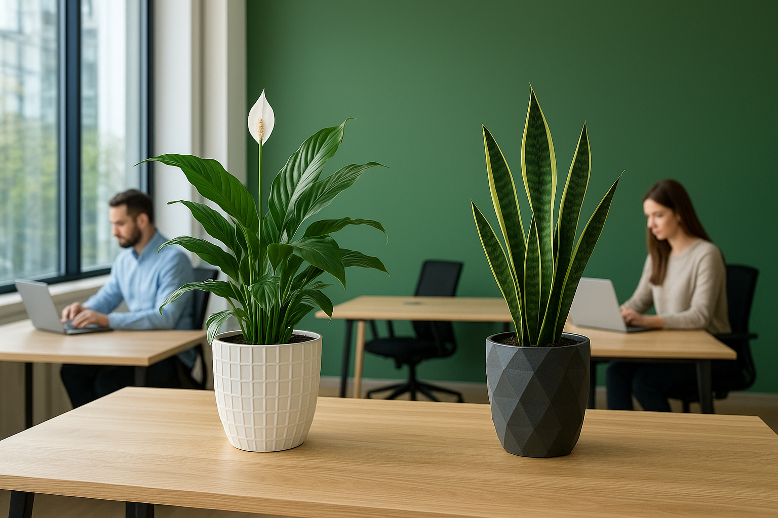 Nowoczesne biuro z roślinami poprawiającymi koncentrację i kreatywność, skrzydłokwiat i sansewieria na stole.