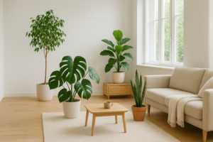 Skandynawskie wnętrze z dużymi oknami, drewnianą podłogą i roślinami doniczkowymi w minimalistycznych donicach