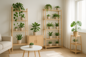 Inspirujące półki i regały z roślinami doniczkowymi w stylowym, jasnym wnętrzu