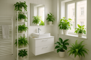 Zielone rośliny w nowoczesnej łazience – paprocie, kalatea i epipremnum na półkach, jasne wnętrze, świeży klimat