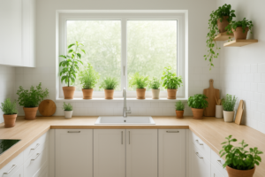 Nowoczesna, jasna kuchnia z zielonymi roślinami doniczkowymi i ziołami na parapecie i blacie.