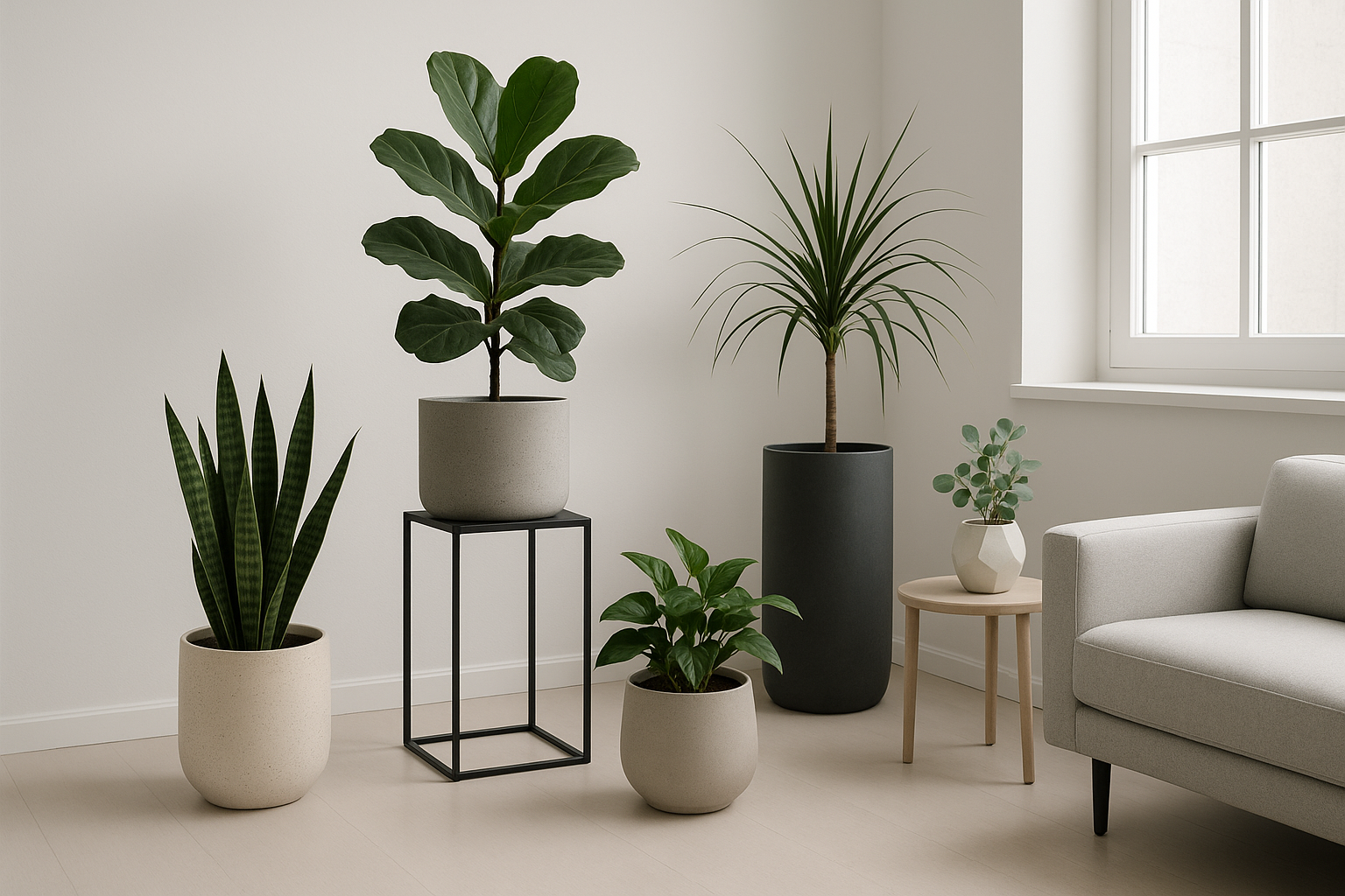 Nowoczesne wnętrze z roślinami doniczkowymi w doniczkach z ceramiki, betonu i metalu; jasne, minimalistyczne aranżacje.