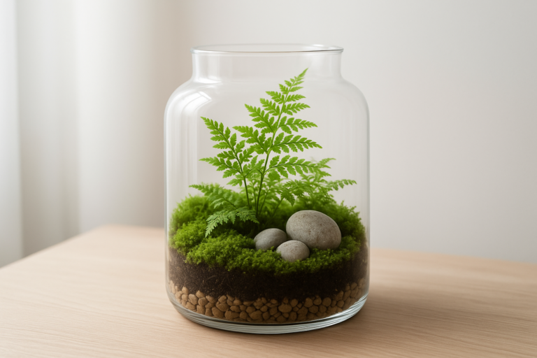 Las w słoiku – efektowny ogród w szkle z paprociami, mchem i kamieniami na jasnym tle.