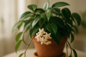 Kwitnąca hoya w doniczce z woskowymi kwiatami na tle jasnego wnętrza