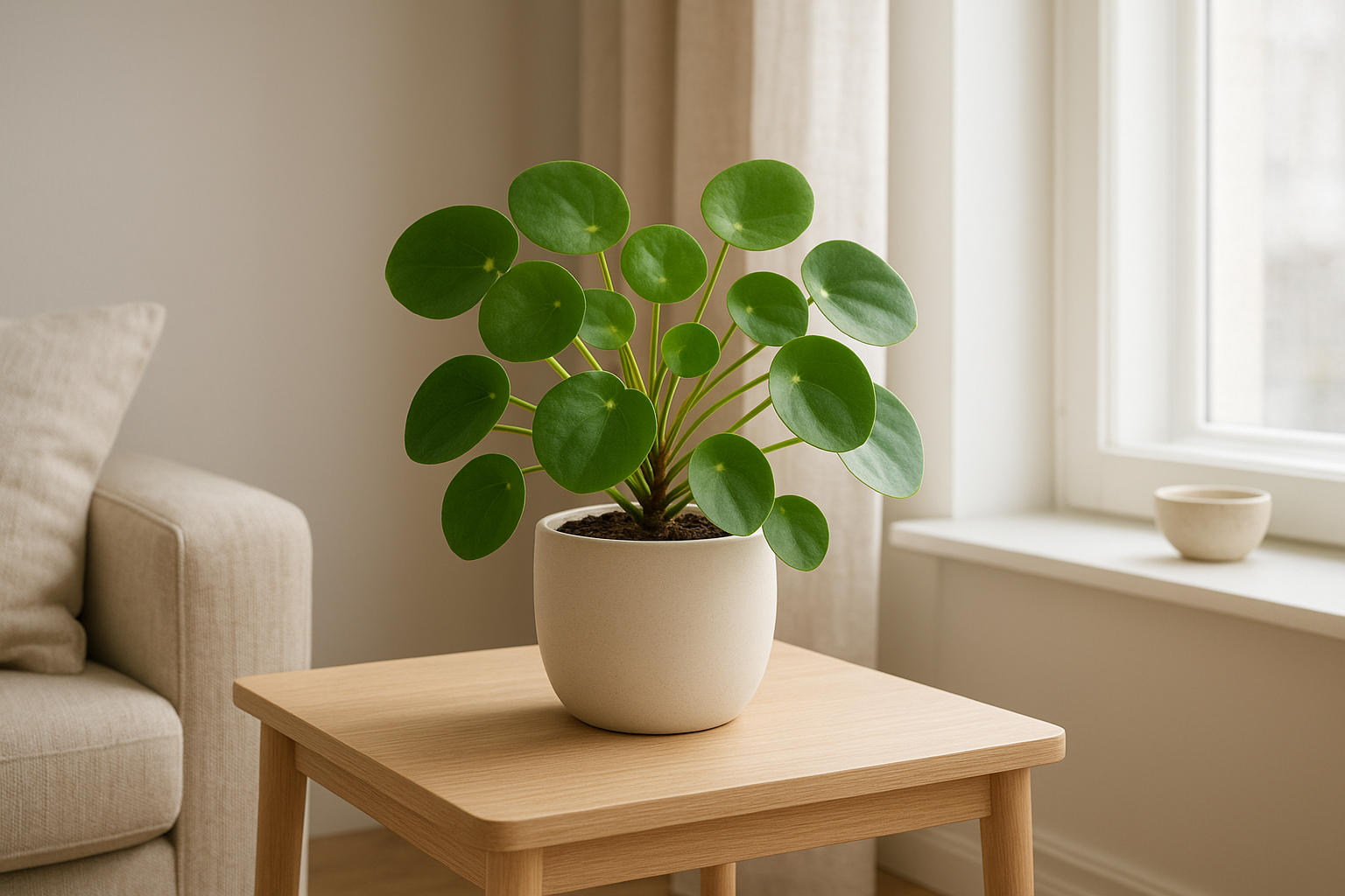 Pilea Peperomioides – roślina szczęścia w nowoczesnym wnętrzu, okrągłe liście w jasnej doniczce