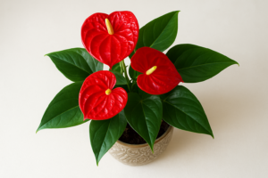 Anturium w doniczce z czerwonymi kwiatami i błyszczącymi liśćmi na jasnym tle