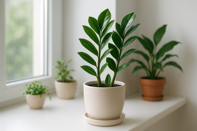 Zamiokulkas o błyszczących zielonych liściach w nowoczesnym wnętrzu, idealny dla zapracowanych.