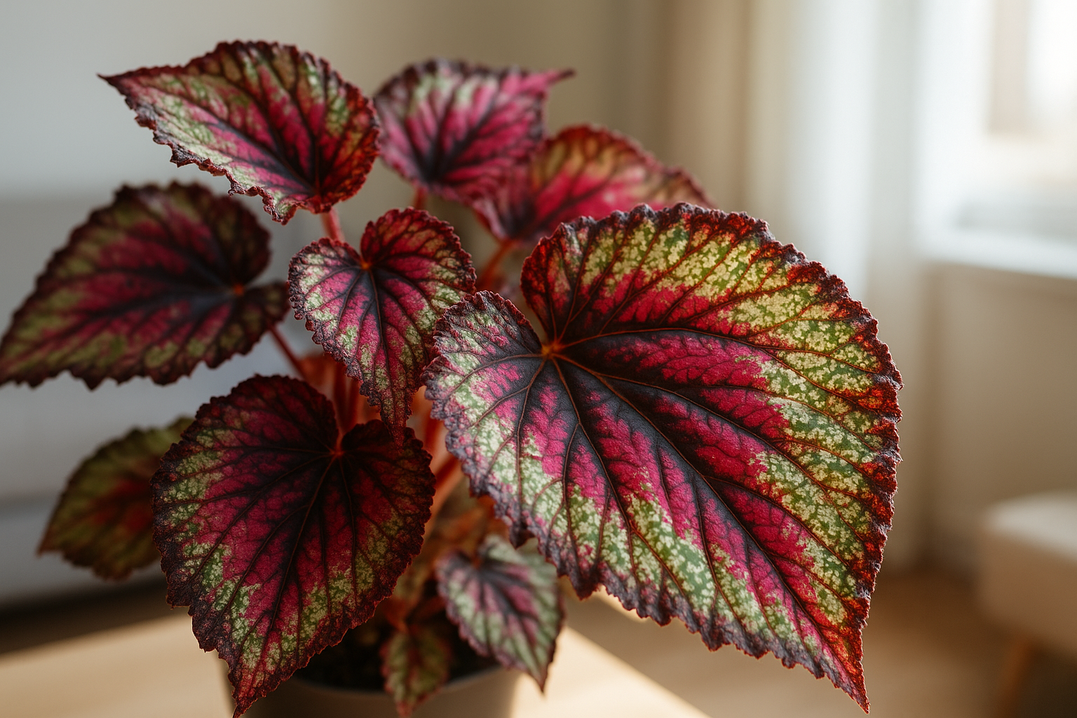 Zbliżenie na kolorowe, ozdobne liście Begonii Rex w domowym wnętrzu