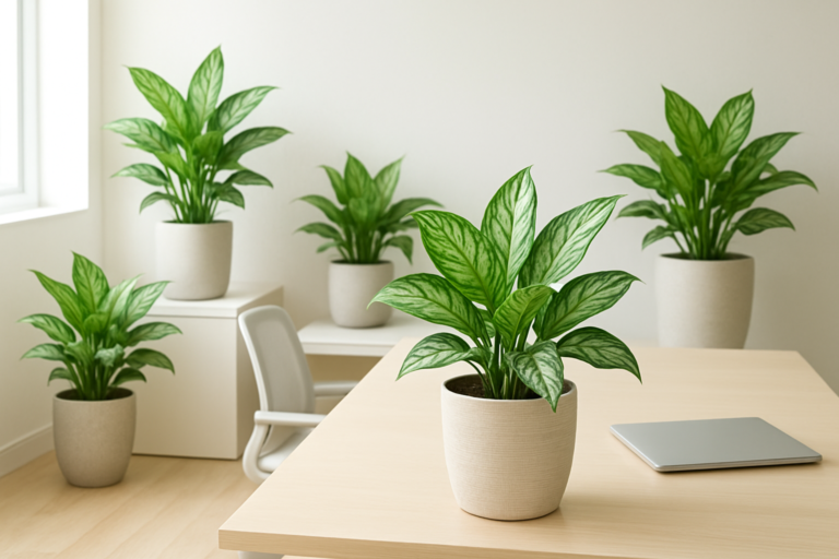 Aglaonema w nowoczesnym biurze – elegancka roślina do cienia w dekoracyjnej doniczce