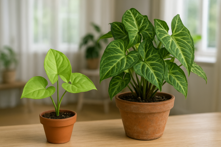 Syngonium z różnymi kształtami liści w domowym wnętrzu