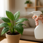 Delikatne zraszanie liści rośliny doniczkowej w domowym wnętrzu