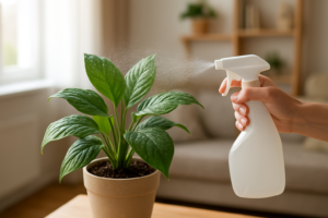 Delikatne zraszanie liści rośliny doniczkowej w domowym wnętrzu