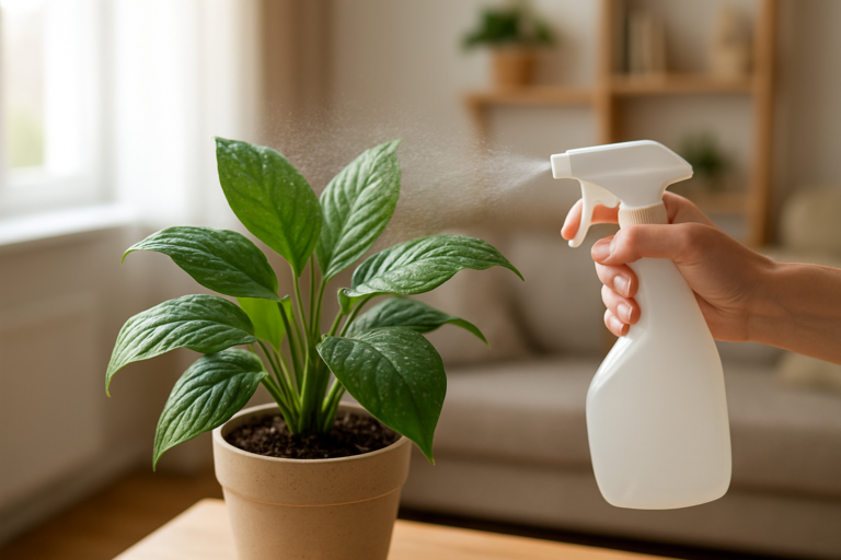 Delikatne zraszanie liści rośliny doniczkowej w domowym wnętrzu