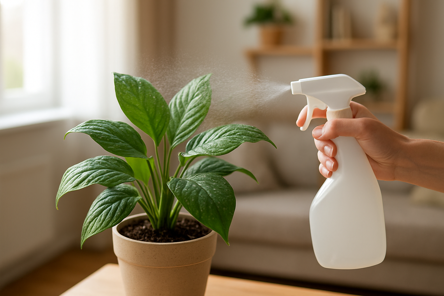 Delikatne zraszanie liści rośliny doniczkowej w domowym wnętrzu